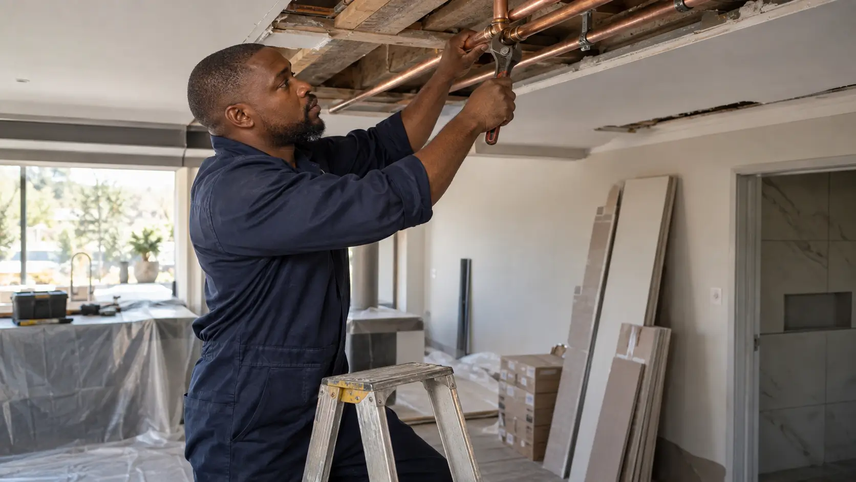 A plumber in navy overalls stands on a stepladder fitting copper pipes into an open ceiling during a property reinstatement project.